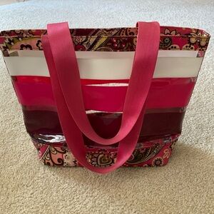 Vera Bradley Clear PVC Stripe Very Berry Paisley Design Tote And 100% Silk Scarf